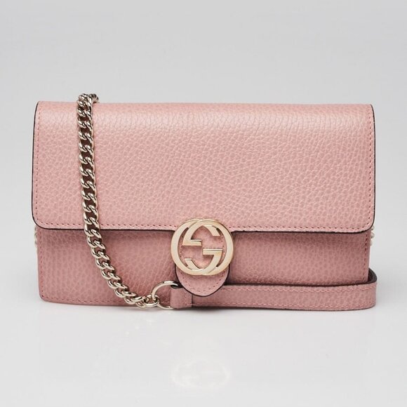 Gucci Pink Pebbled Leather Interlocking G Wallet on Chain Clutch Bag - Picture 2 of 10